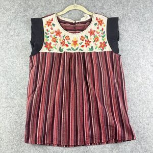 Savanna Jane Top Shirt Womens L Floral Embroidered Stripe Boho Cottage Coastal*